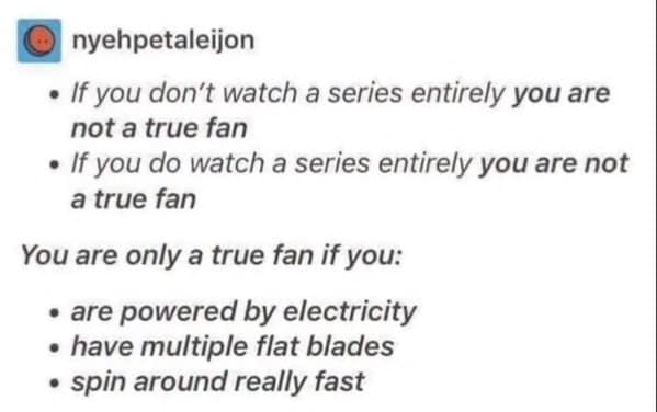 A dumb meme text post redefining gatekeeping by listing the literal mechanical requirements to be a true electric cooling fan.