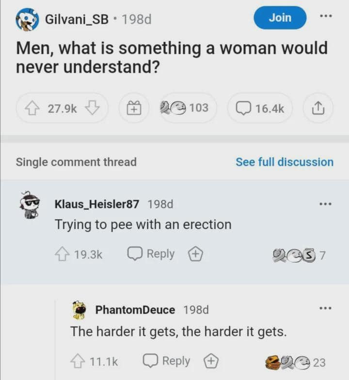 A dumb meme featuring a Reddit thread about male struggles where a user creates a perfect pun by stating that the harder it gets to pee with an erection, the harder it gets.