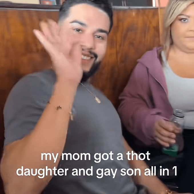 Man waving with text about his mother having a daughter and son in one person.