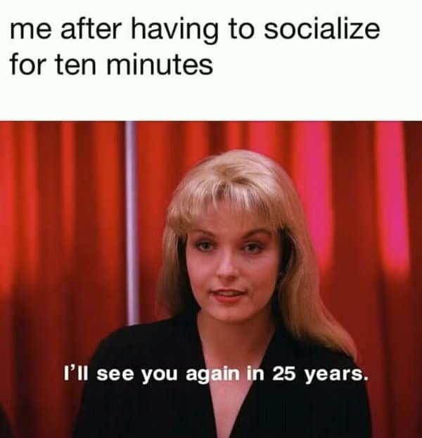 Laura Palmer in the Red Room saying she will see you in 25 years. Relatable reaction for being drained from socializing.