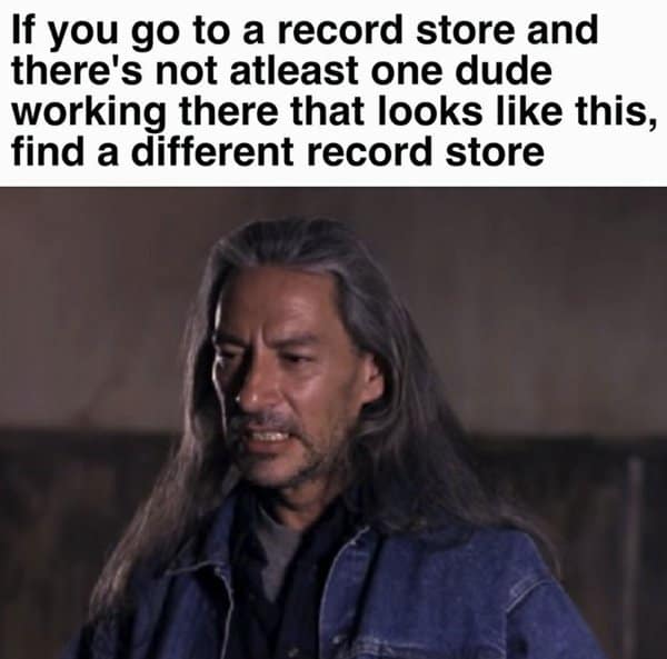 Killer BOB looking intense. Humorous post about needing a scary long haired guy working at every good local record store.