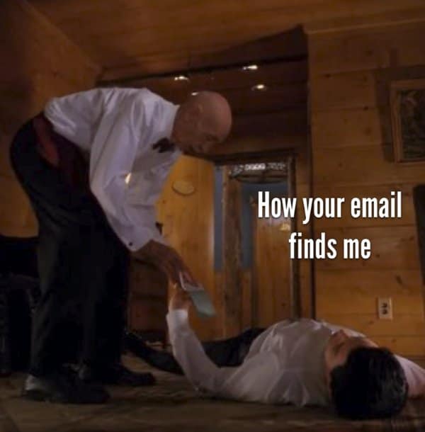 Elderly waiter leaning over a bleeding Agent Cooper. Relatable workplace joke about polite emails finding you destroyed.