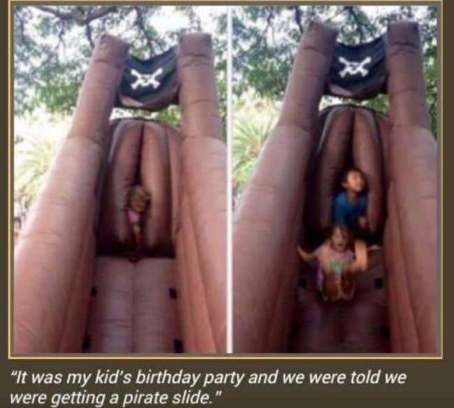 A hilarious unfortunate design showing a brown inflatable slide at a kid's birthday party that was supposed to be a pirate ship, but ended up looking incredibly accidentally nsfw as children slide out of what looks like female anatomy.
