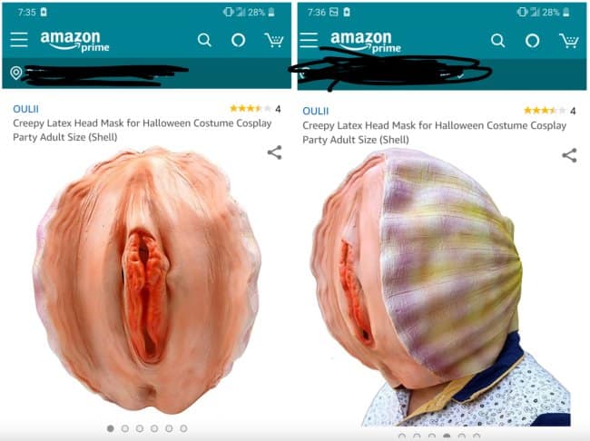 An Amazon listing for a "Creepy Latex Head Mask" of a clam shell, featuring a fleshy pink interior and a vertical breathing slit that makes it a hilarious unfortunate design that is completely accidentally nsfw.