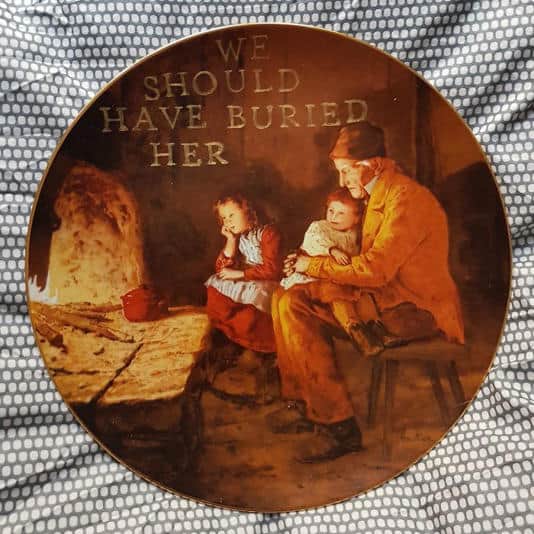 Somber vintage plate of a family by a fireplace with text saying we should have buried her.