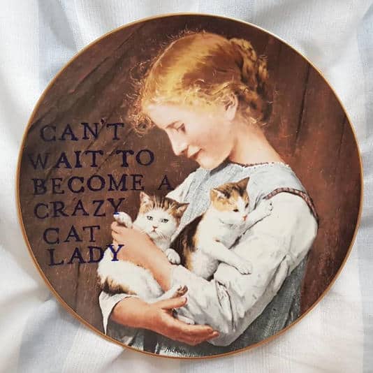Plate showing a young woman holding kittens with text about her becoming a crazy cat lady.
