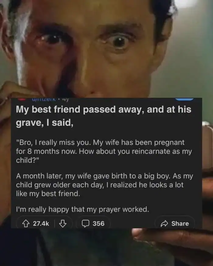 Reddit post story about a man’s son looking like his deceased best friend with a shocked reaction face.