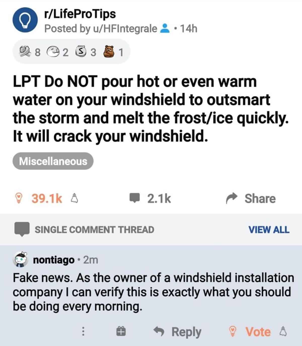 Reddit life pro tip warning against hot water on windshields with a sarcastic reply from a glass installer.