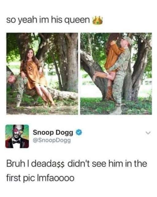 Social media post featuring a couple in camouflage gear with a funny comment from Snoop Dogg.
