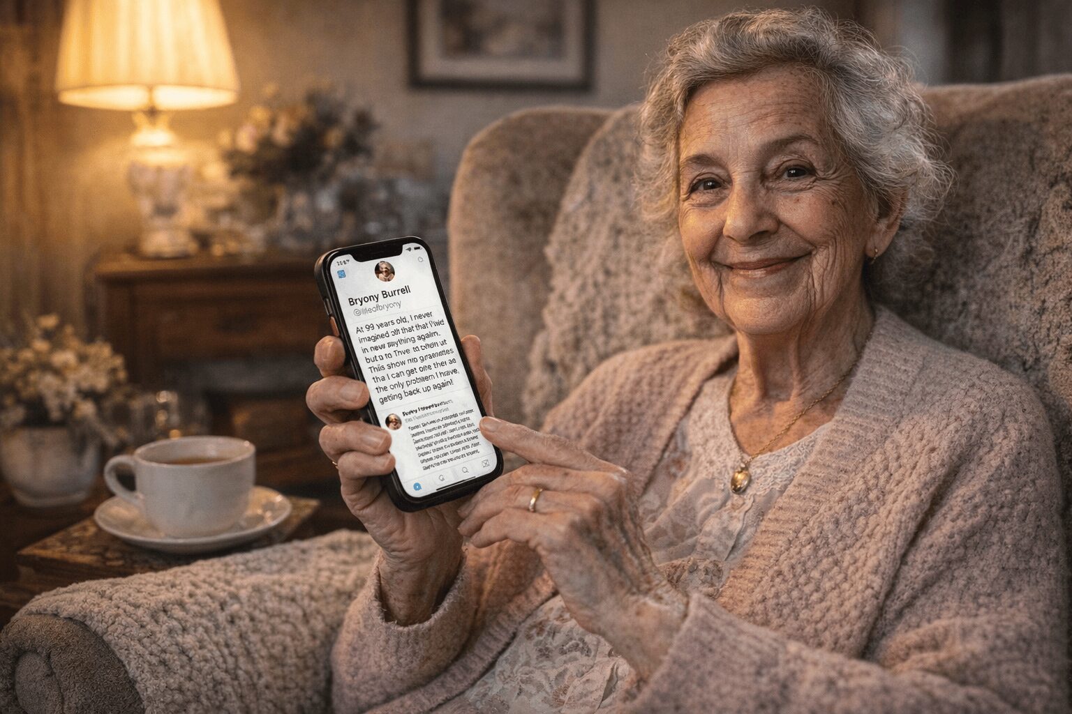 Wholesome tweet from 90 year old compilation: A collage featuring Bryony joking about drinking gin on holiday, her dark realization about Toy Story, and her roast of her "geriatric" 70-year-old children.