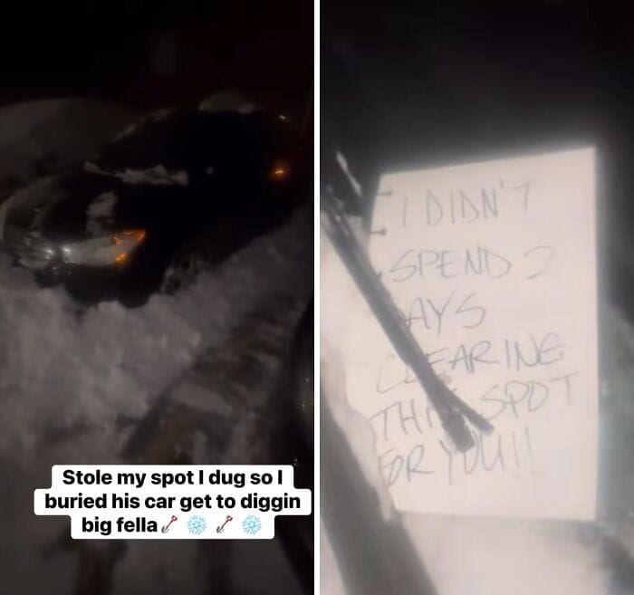 Low light photo of a car buried in snow with a sign reading I didn't spend days clearing this.