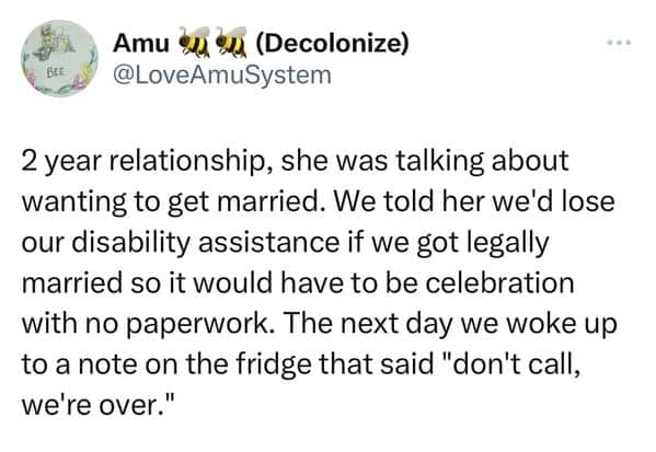 Post about a relationship ending with a fridge note after discussing marriage paperwork.