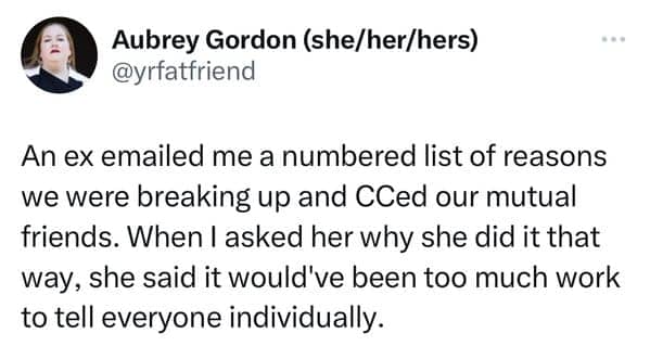 Tweet describing an ex who CCed mutual friends on a numbered breakup email.