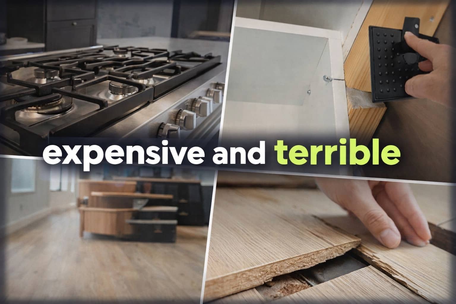 Collage of poorly constructed house features including a broken cabinet, mismatched stairs, and splintering floorboards.