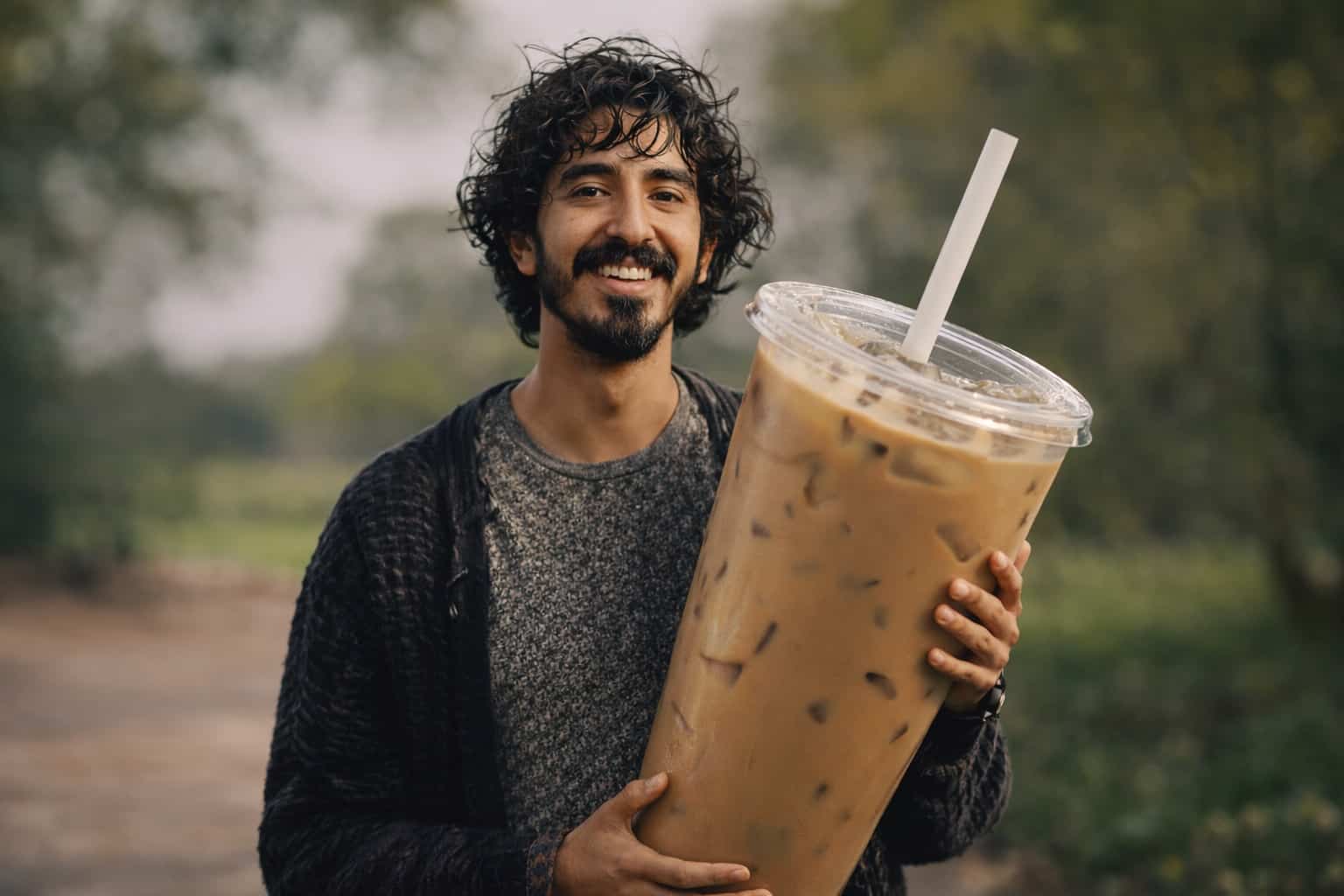 Dev Patel smiling while holding a giant iced latte for his latest coffee memes gallery.