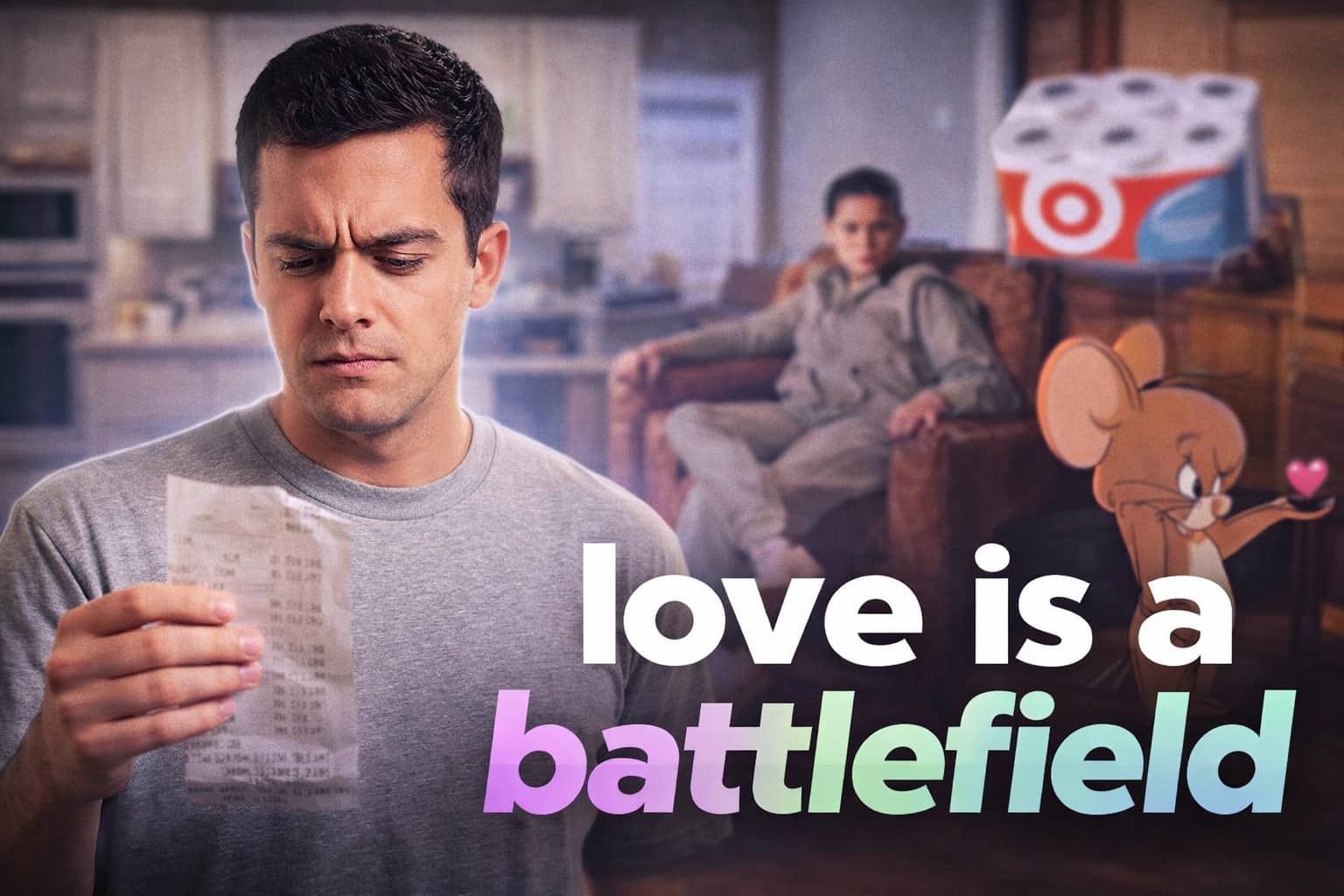 Couple meme showing man horrified at Target receipt while partner sits unbothered on couch