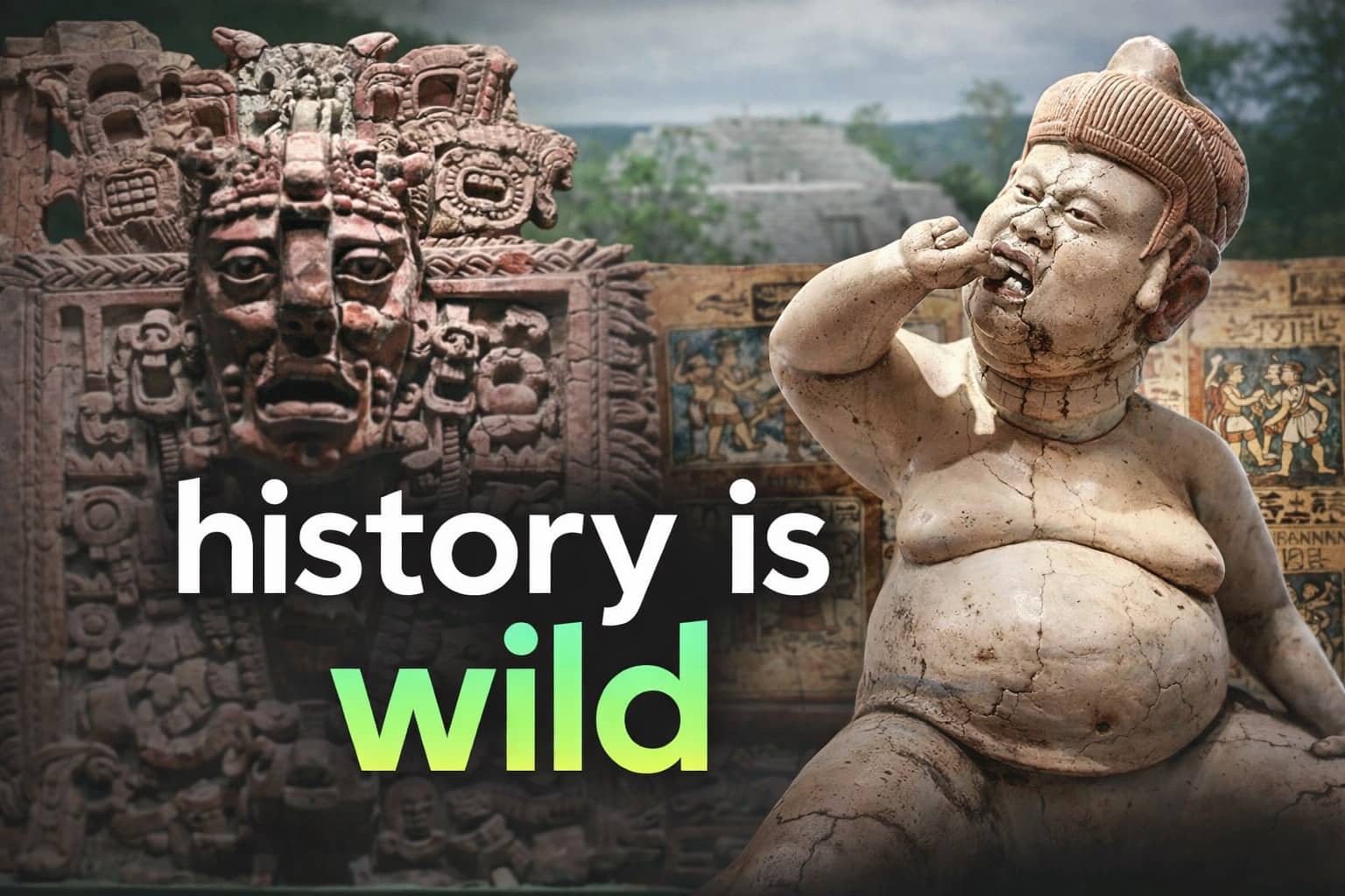 Ancient Mayan stone carvings and sculptures with overlay text saying history is wild.