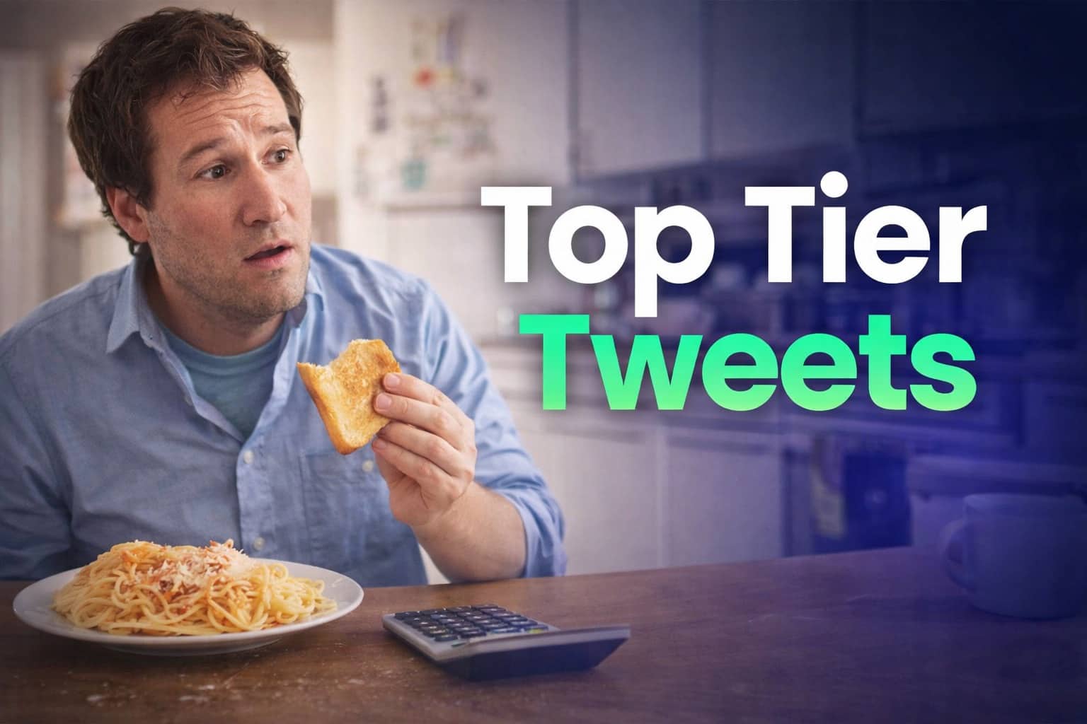 Confused man eating spaghetti and toast while using a calculator for Top Tier Tweets gallery.