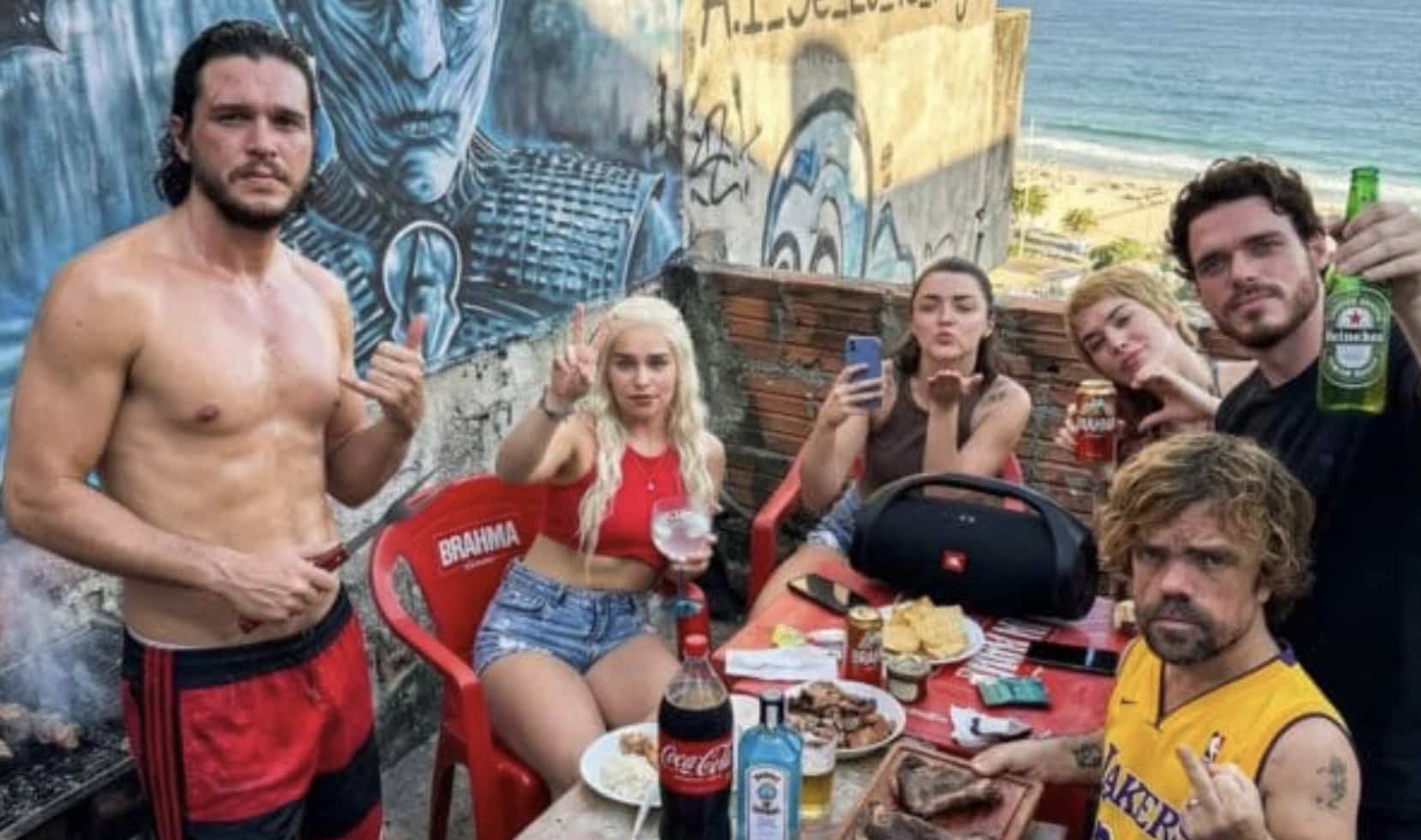 Funny Photoshop edit of Game of Thrones actors enjoying a casual outdoor barbecue on a rooftop.