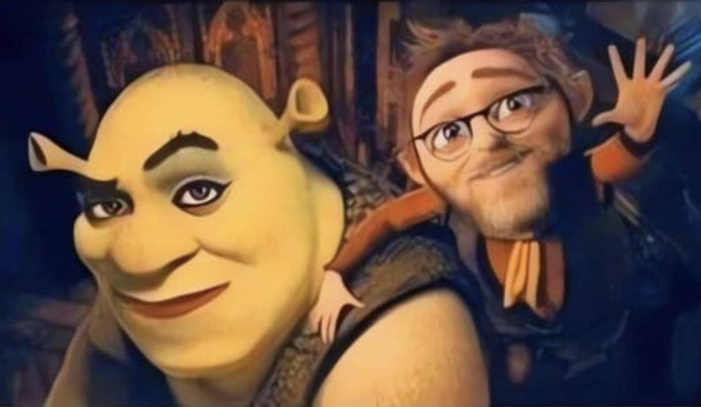 Digital illustration featuring Shrek and a small animated character with glasses, used in funny relationship memes