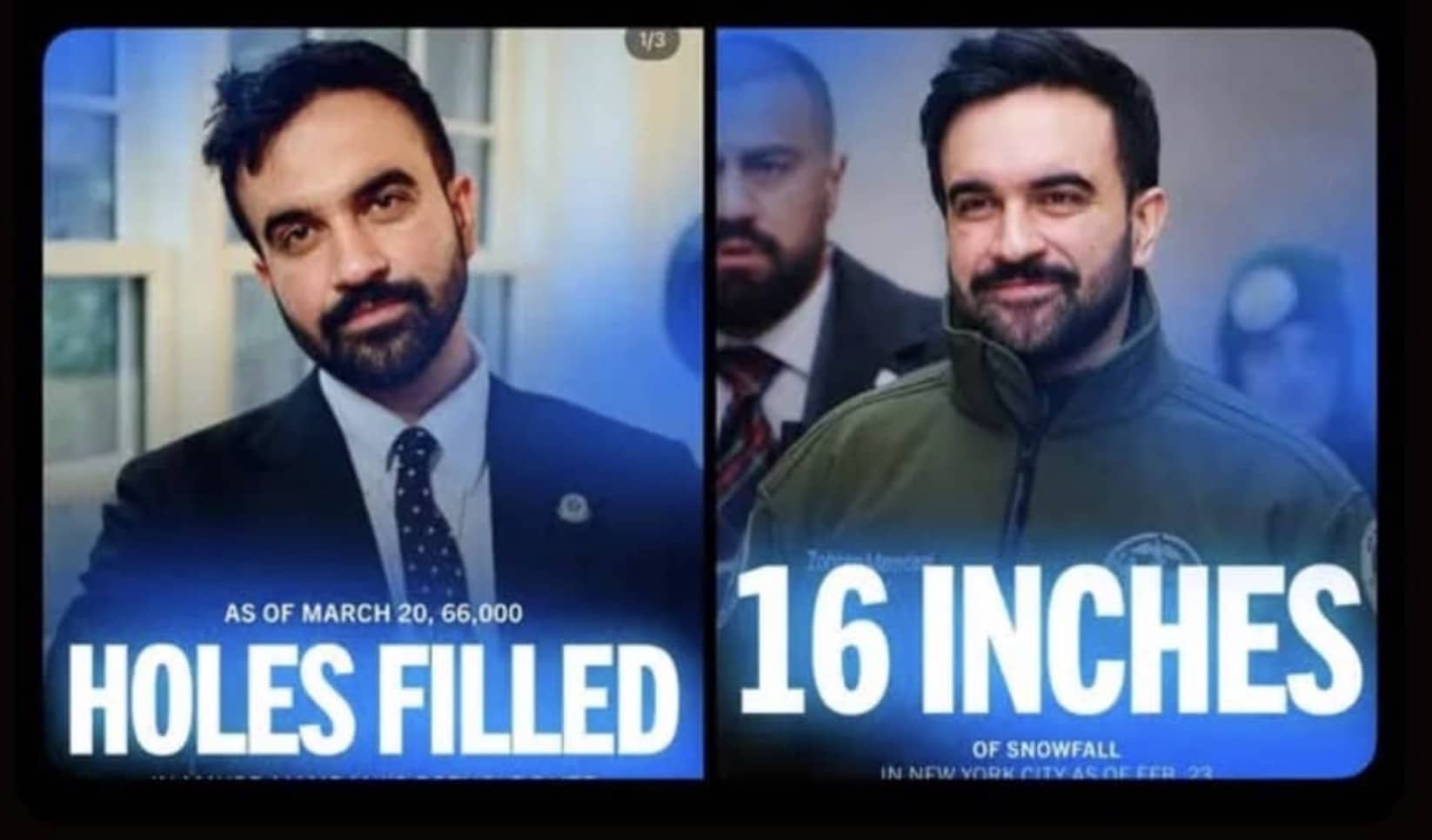 A split-screen meme showing a politician next to text reading 66,000 holes filled and 16 inches.