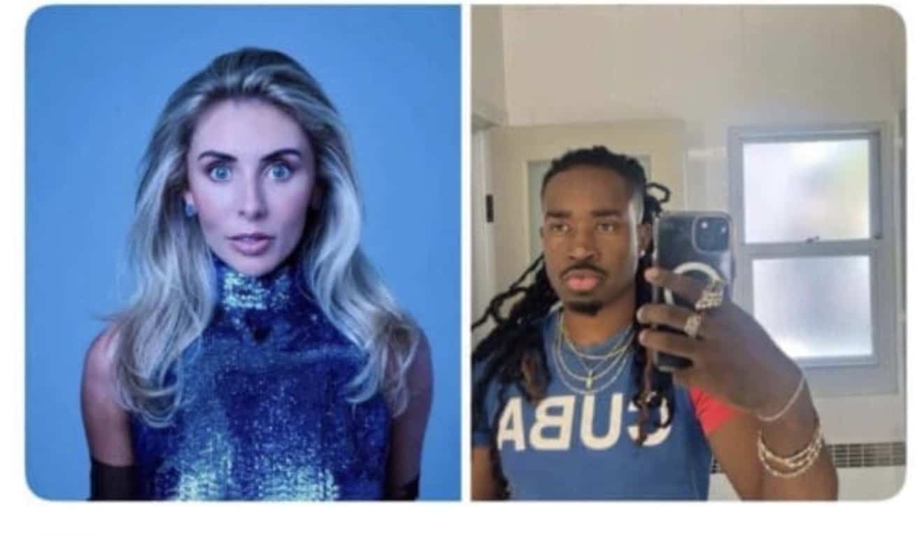 Side-by-side photo of glamorous blonde woman and man taking mirror selfie