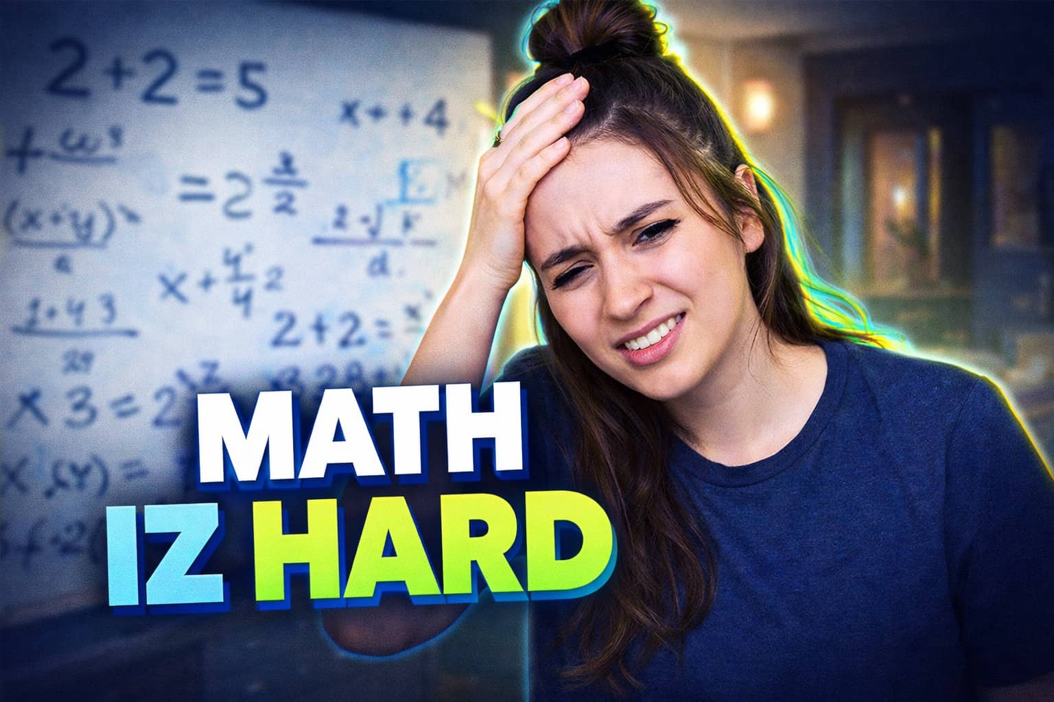 Stressed woman in front of whiteboard with incorrect equations and text math iz hard.