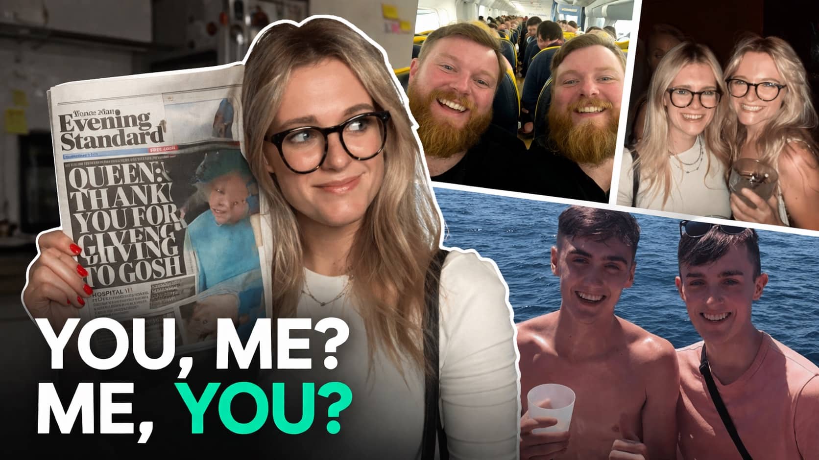 Collage of four pairs of doppelgängers meeting in person, featuring the text You, Me? Me, You?