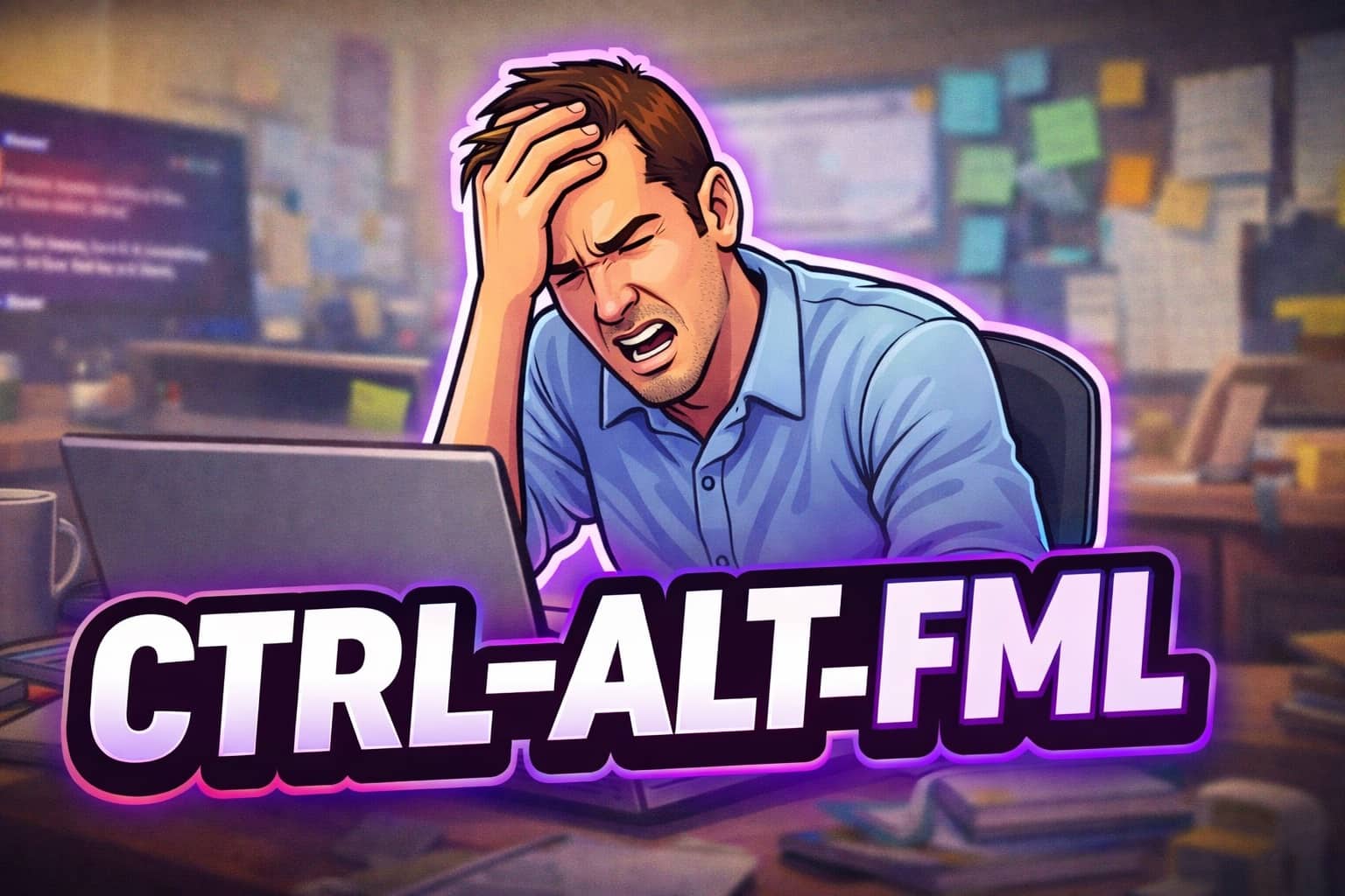 Frustrated man clutching his head in front of a laptop with text overlay reading CTRL-ALT-FML.