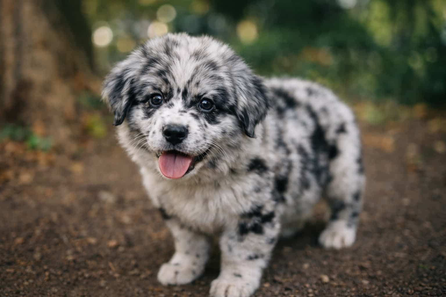 Small fluffy merle puppy standing on dirt path with tongue out for wholesome memes gallery.