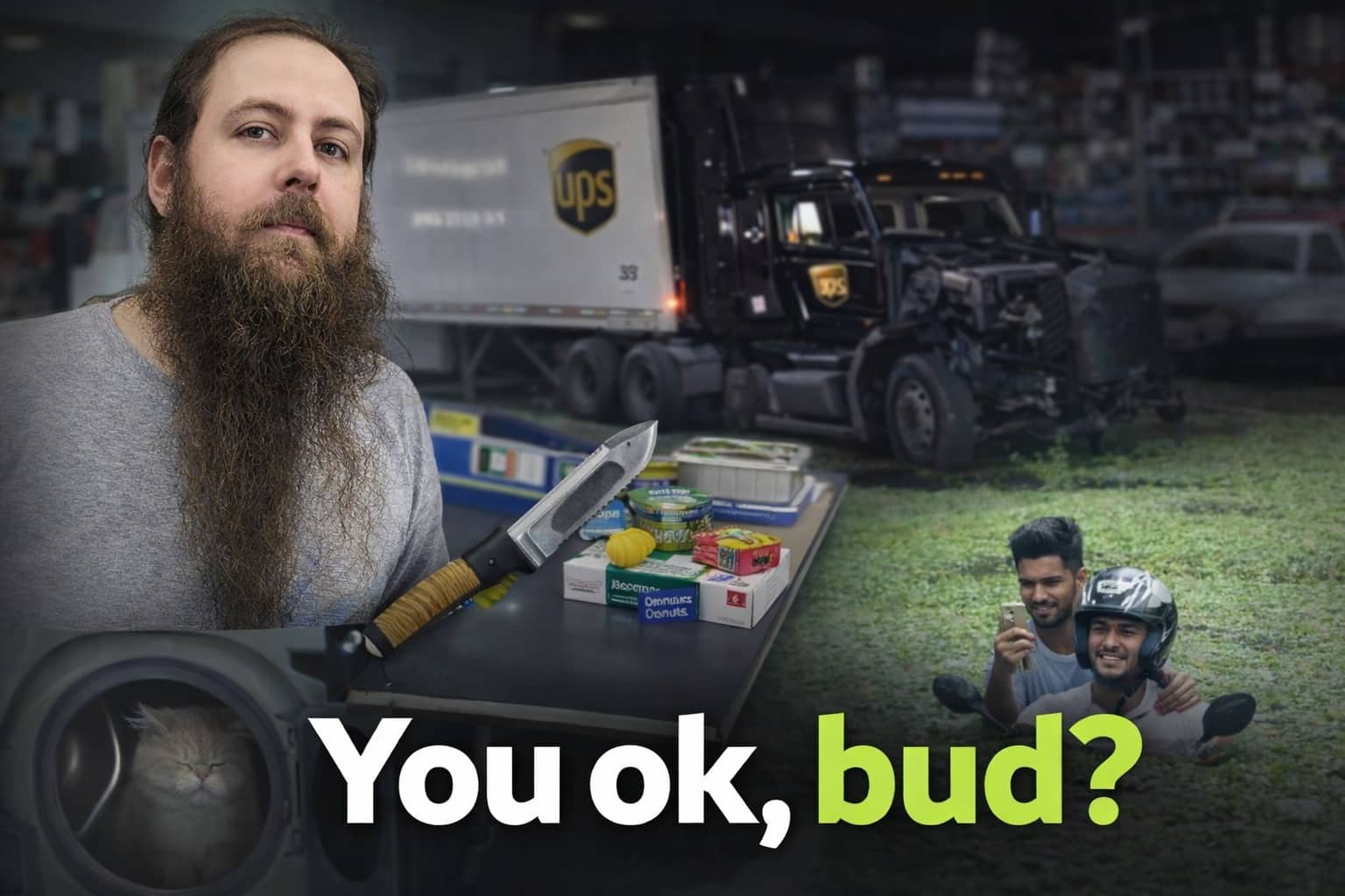 Bearded man with long hair stands before a crashed UPS truck with text reading you ok bud