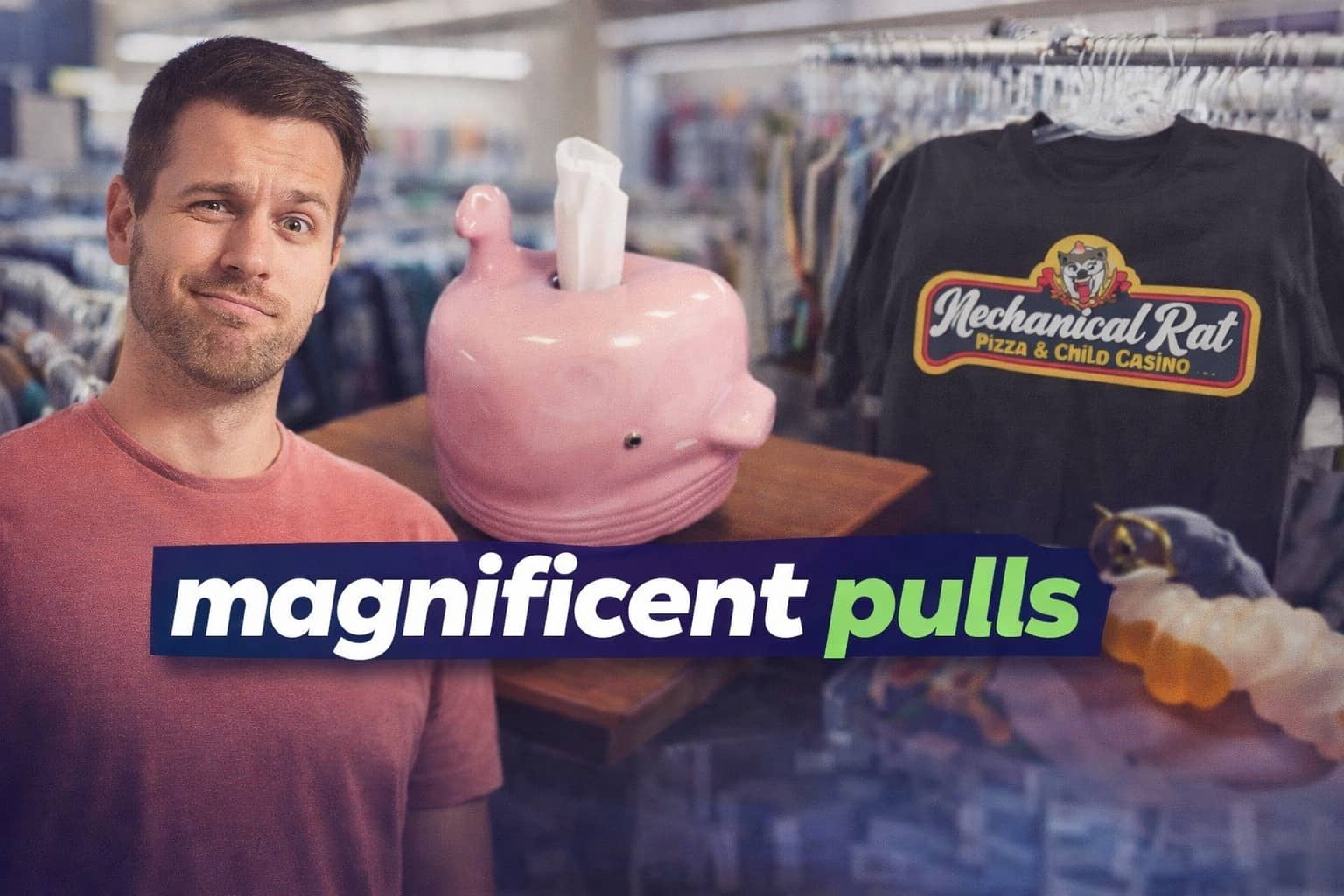 Man showcasing weird thrift store finds like a pink whale tissue holder and mechanical rat shirt.