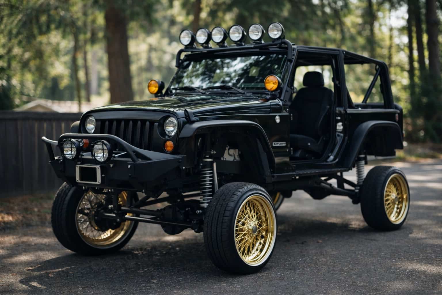 Modified black jeep with gold wire rims and high suspension lift for crazy car mods.