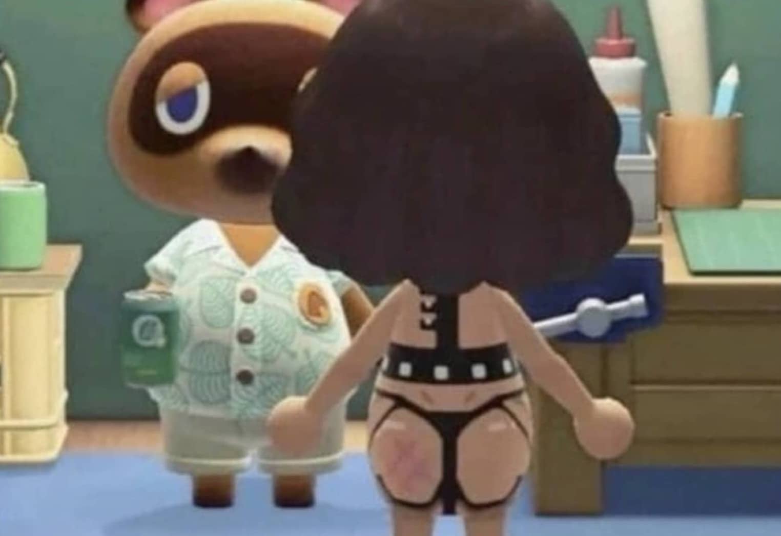 Animal Crossing character Tom Nook looking shocked at a player character wearing custom suggestive leather harness.