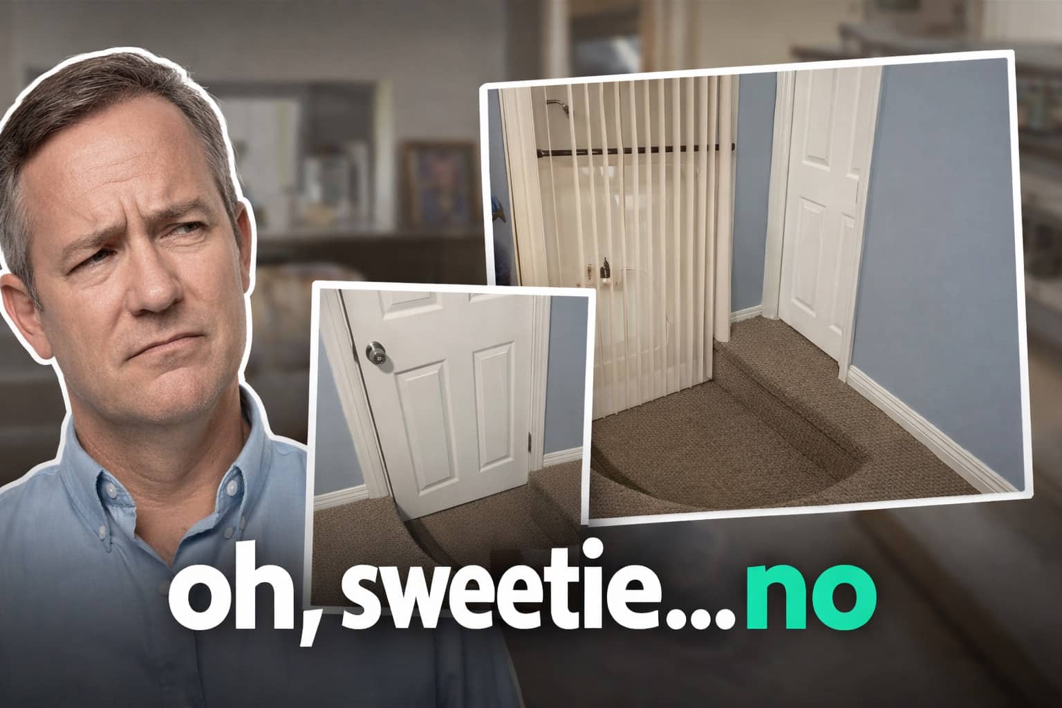 Confused man looking at a poorly designed carpeted staircase that creates a dangerous tripping hazard.