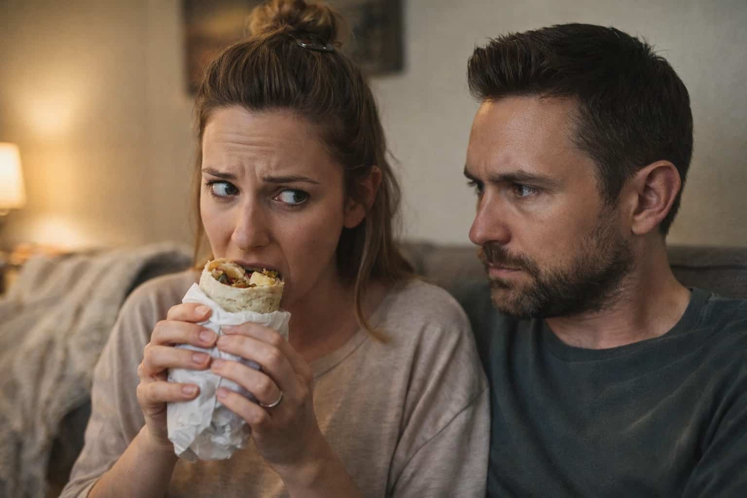 Woman protectively eating a large burrito while a man looks on with a judgmental expression.