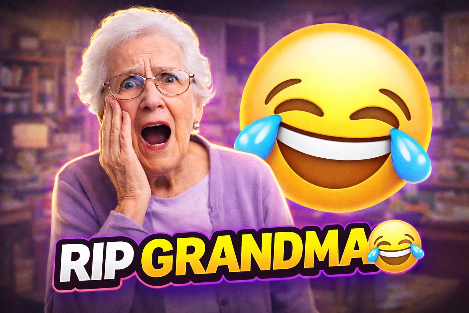Shocked elderly woman next to large laughing crying emojis with a text overlay reading RIP GRANDMA.