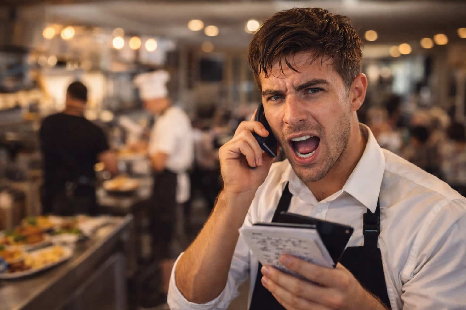 Angry server on a phone in a busy restaurant, used for service industry memes.