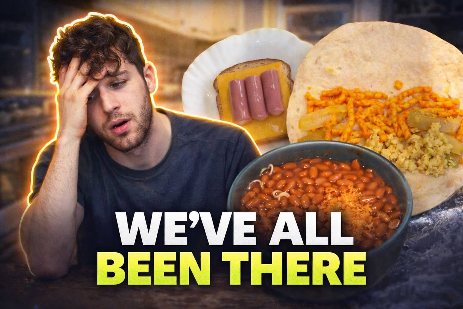 Frustrated man surrounded by examples of cheap struggle meals like beans and hot dog toast.
