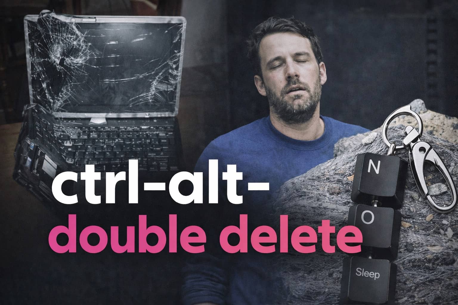 Frustrated man with closed eyes next to a broken laptop and ctrl-alt-double delete text.