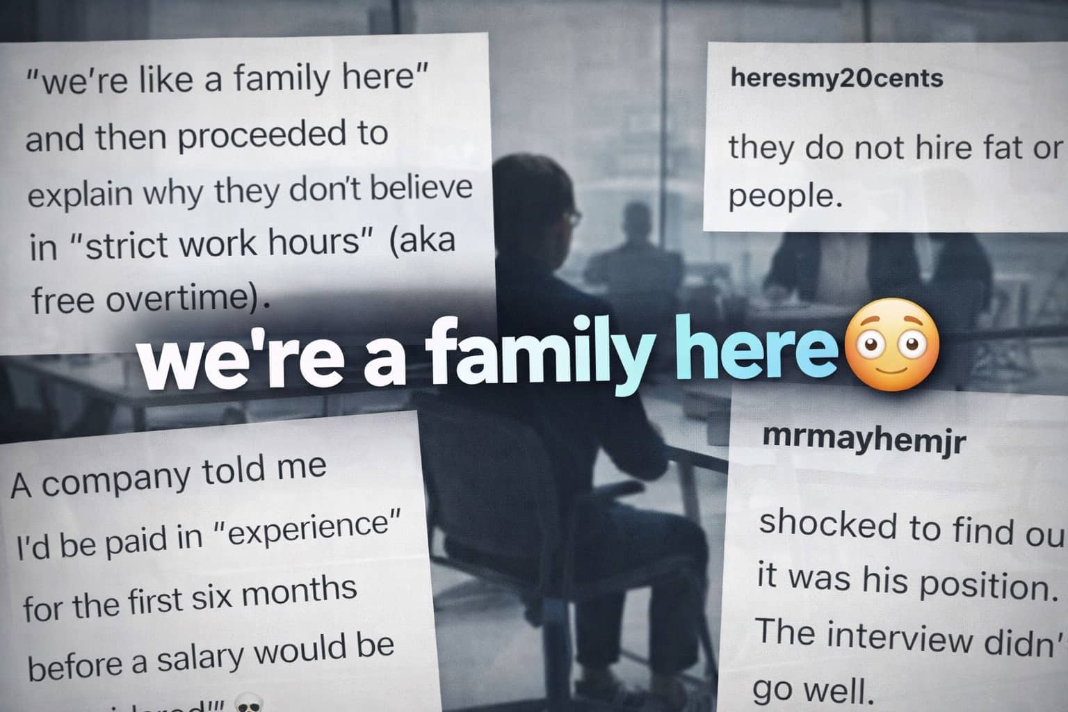 Meme showing worst job interview red flags like unpaid training and no strict work hours.