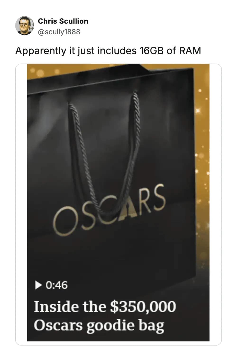 The absurdity of the $350,000 celebrity gift bag is skewered by a joke about it only containing 16GB of RAM in this viral 2026 Oscars memes post.