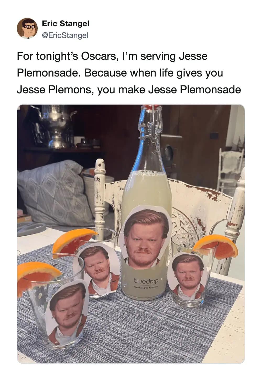 Peak dad-energy defines this creative cocktail prep featuring "Jesse Plemonsade" for a viewing party in this quirky 2026 Oscars memes highlight