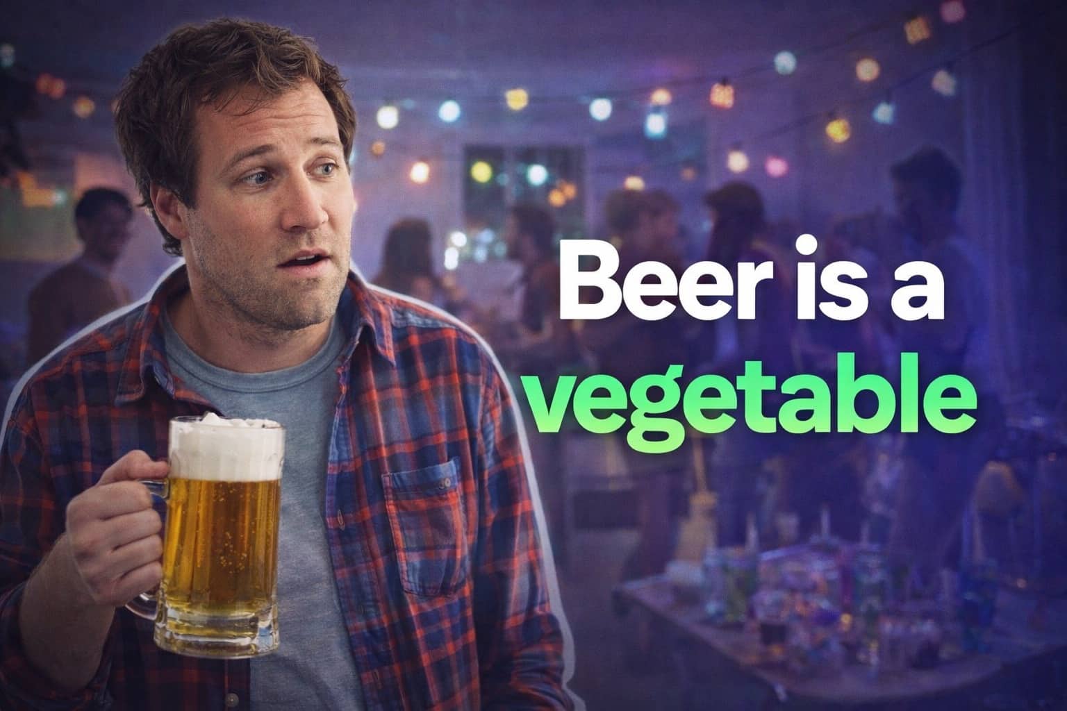 Man in a flannel shirt holding a large beer mug with text stating beer is a vegetable.