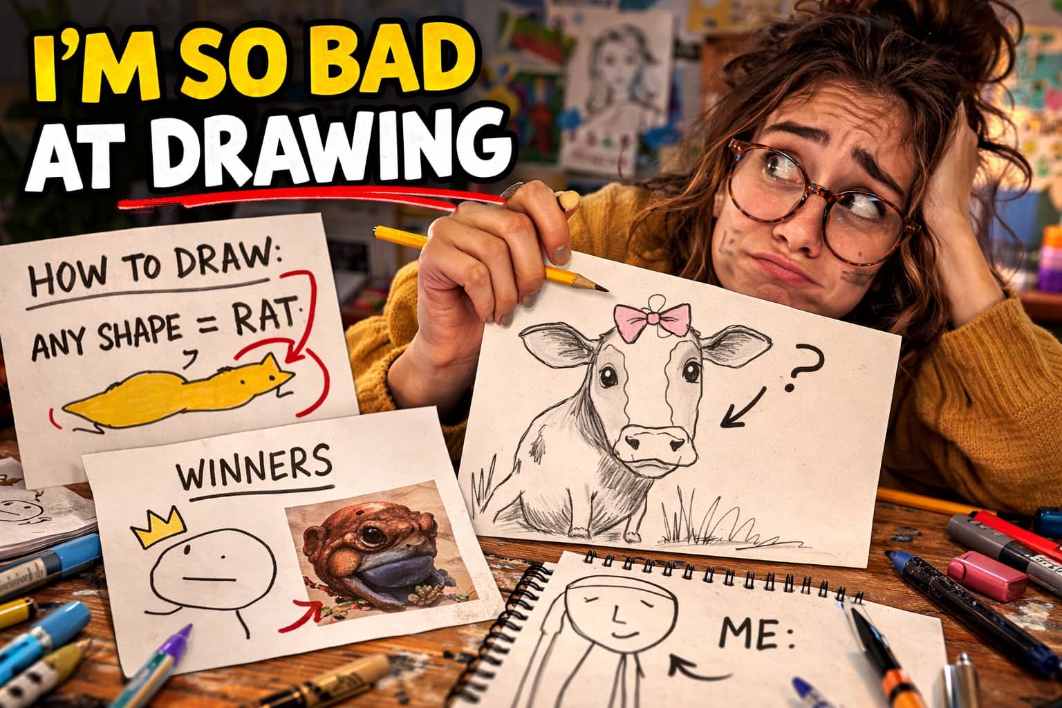 Frustrated woman with drawings illustrating humorous struggles and expectations versus reality of learning to draw.