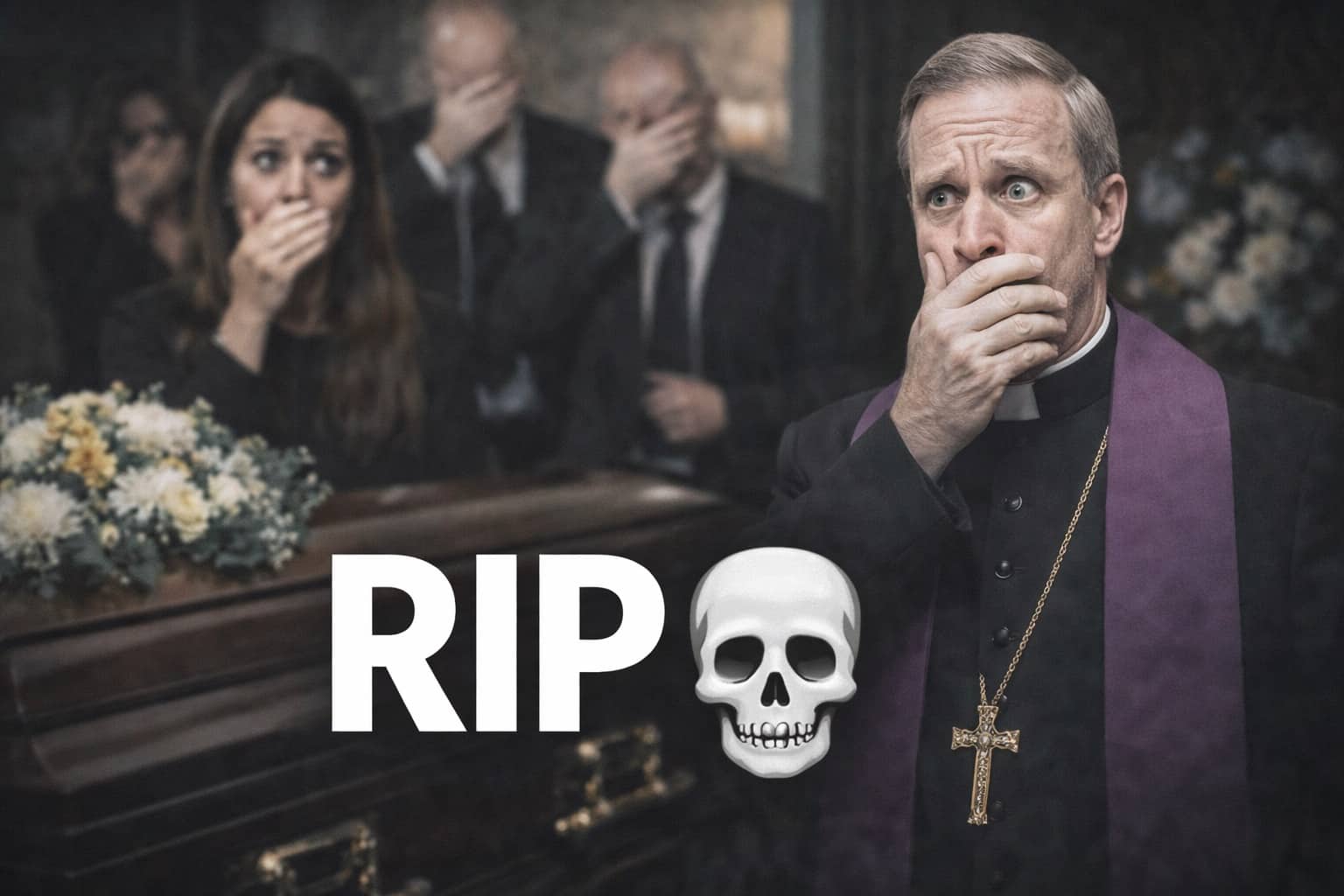 Shocked priest and mourning family at a funeral with white skull icon and RIP text.