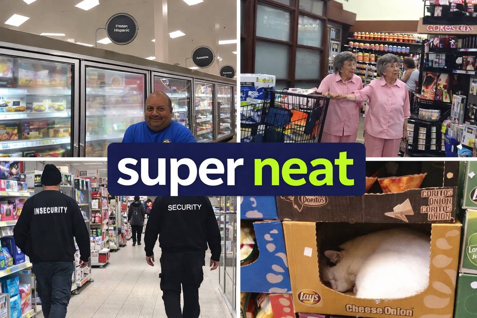 Collage of weird grocery store moments including a cat in a box and insecurity security guard.