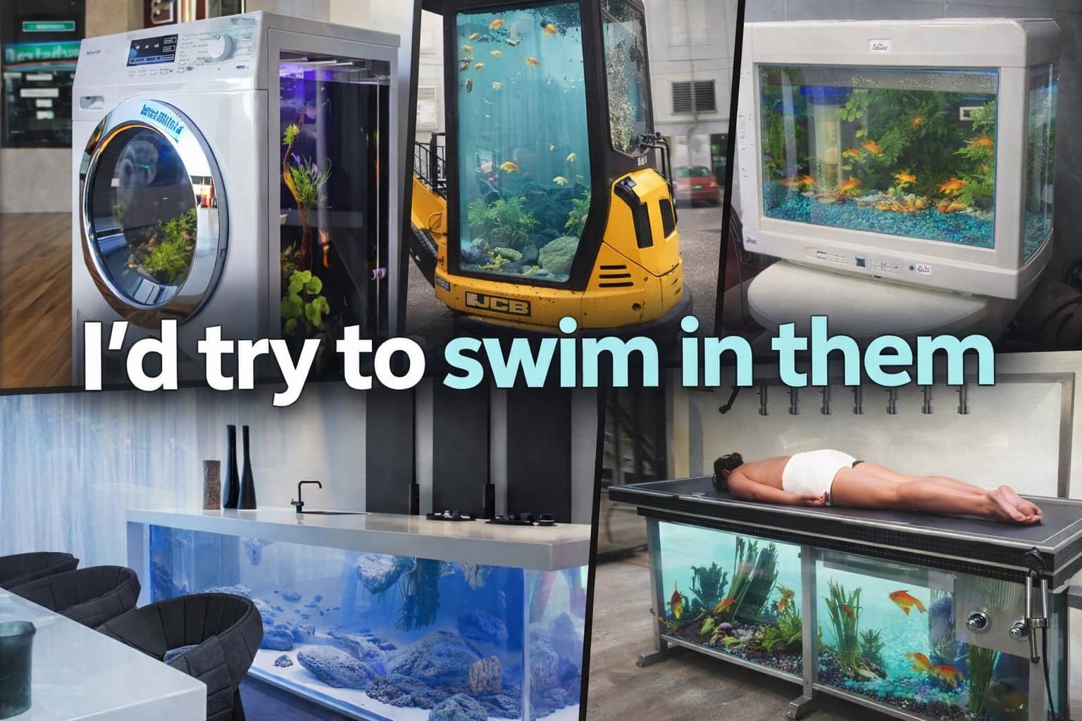 Collection of unique and awesome fish tanks built into washing machines, excavators, and kitchen islands.