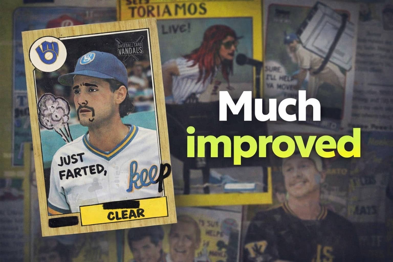 Vandalized baseball card featuring funny drawings and text in front of baseball card vandals gallery.