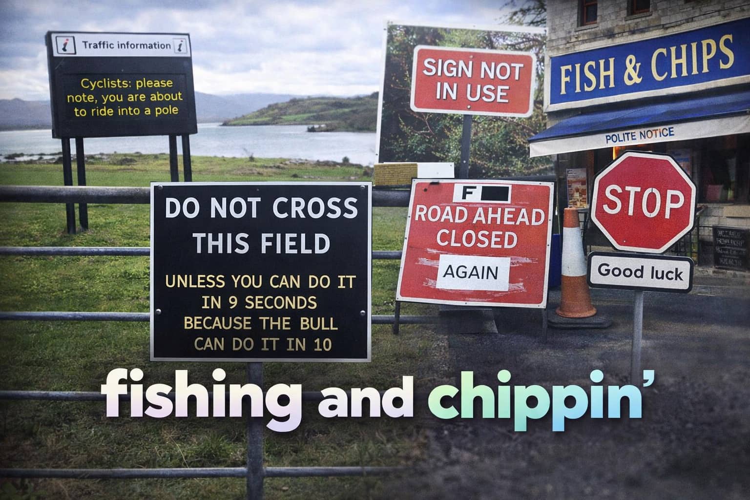 Funny British signs warning cyclists, closing roads again, and wishing drivers good luck